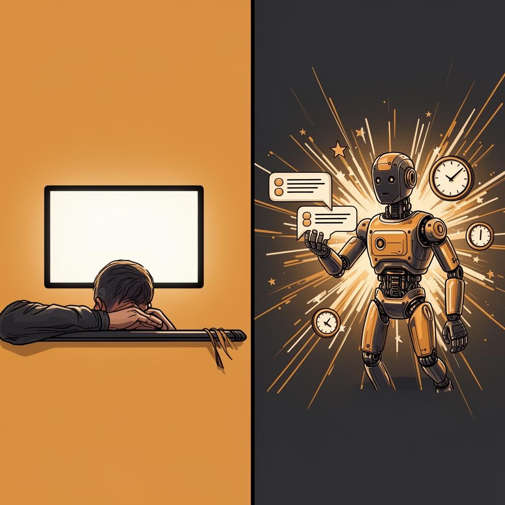 Split screen comparison of human vs AI response speeds in sales outreach