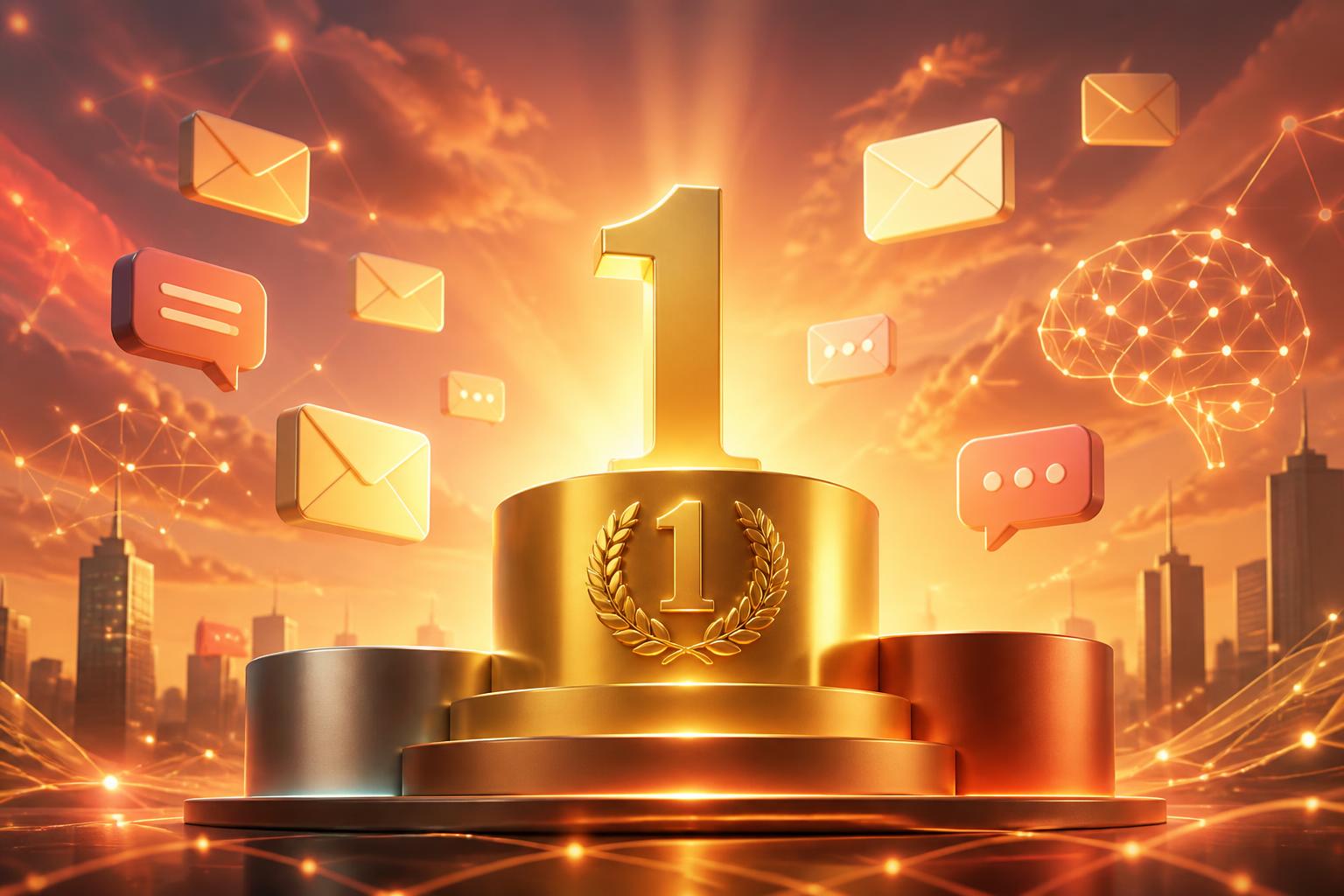 Golden podium with number one surrounded by floating email envelopes and chat bubbles representing top AI outreach platforms in 2026